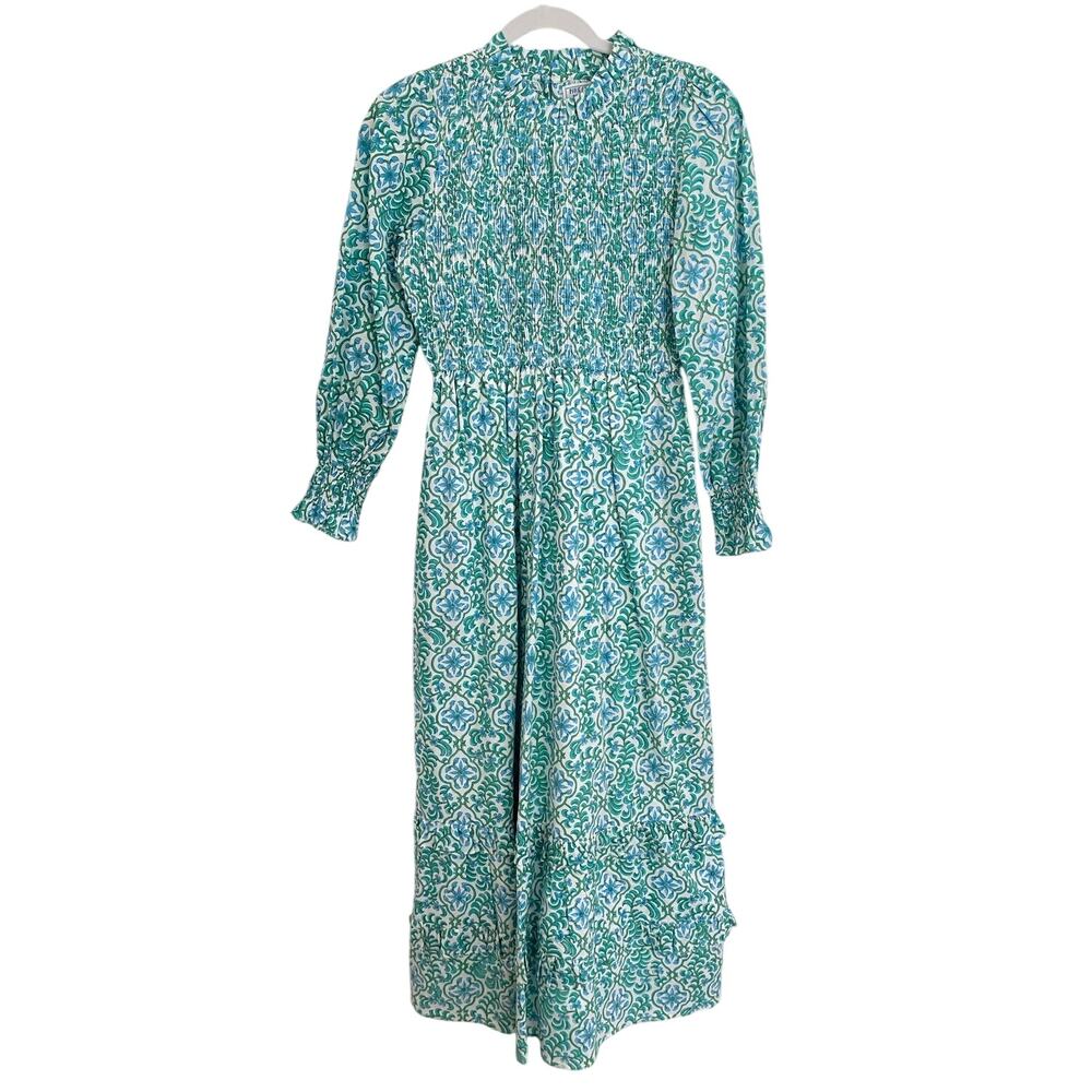 Pink City Prints Tuckernuck Isabel Smocked High Neck Midi Dress Green Blue XS